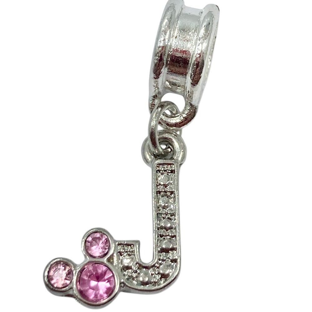 Vtg Disney Pink Crystal Mickey Mouse Ears European Slide Charm Initial Letter J